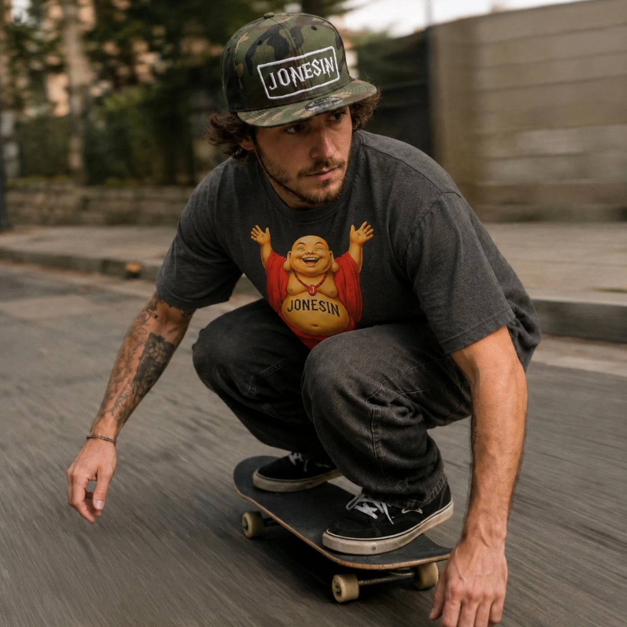 Man on skateboard wearing Jonesin Apparel streetwear.